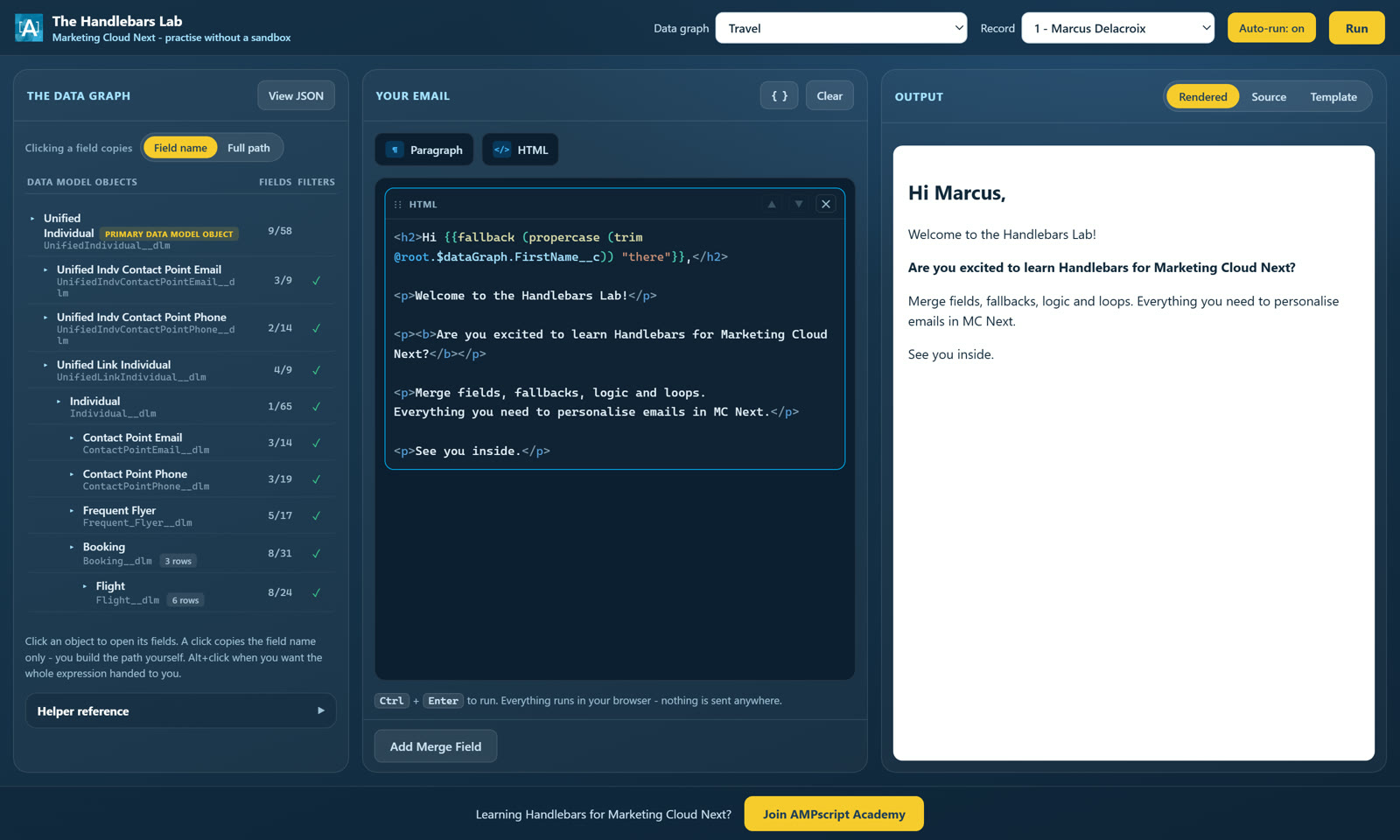 The Handlebars Lab: a data graph explorer, a Handlebars template and the rendered email for Marcus.