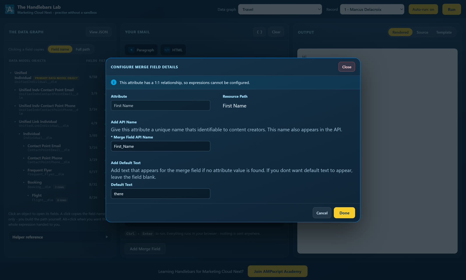 The Configure Merge Field Details dialog showing the First Name attribute, a First_Name API name and default text of there.