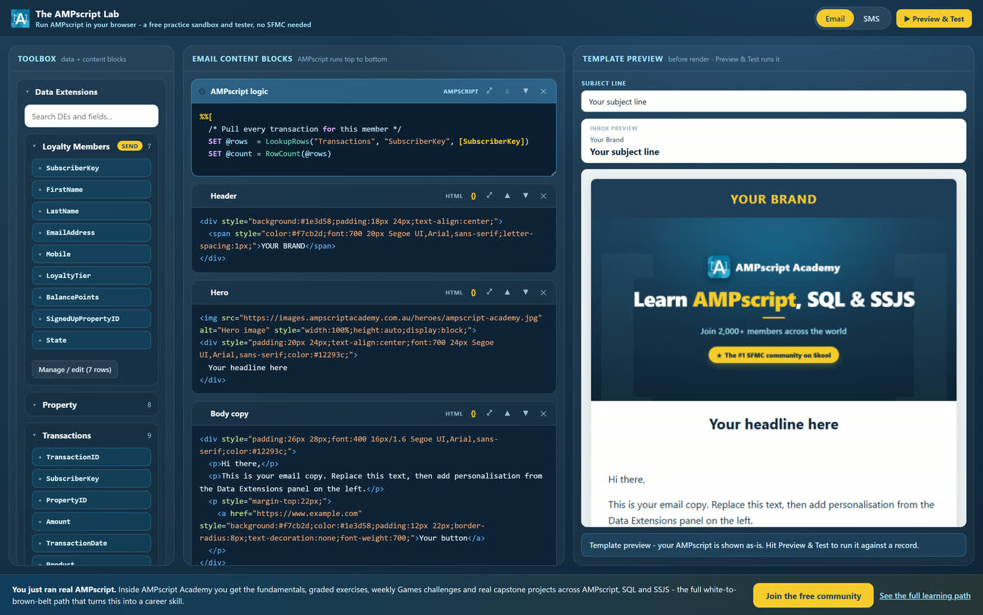 The AMPscript editor with a LookupRows and RowCount example, syntax highlighted.