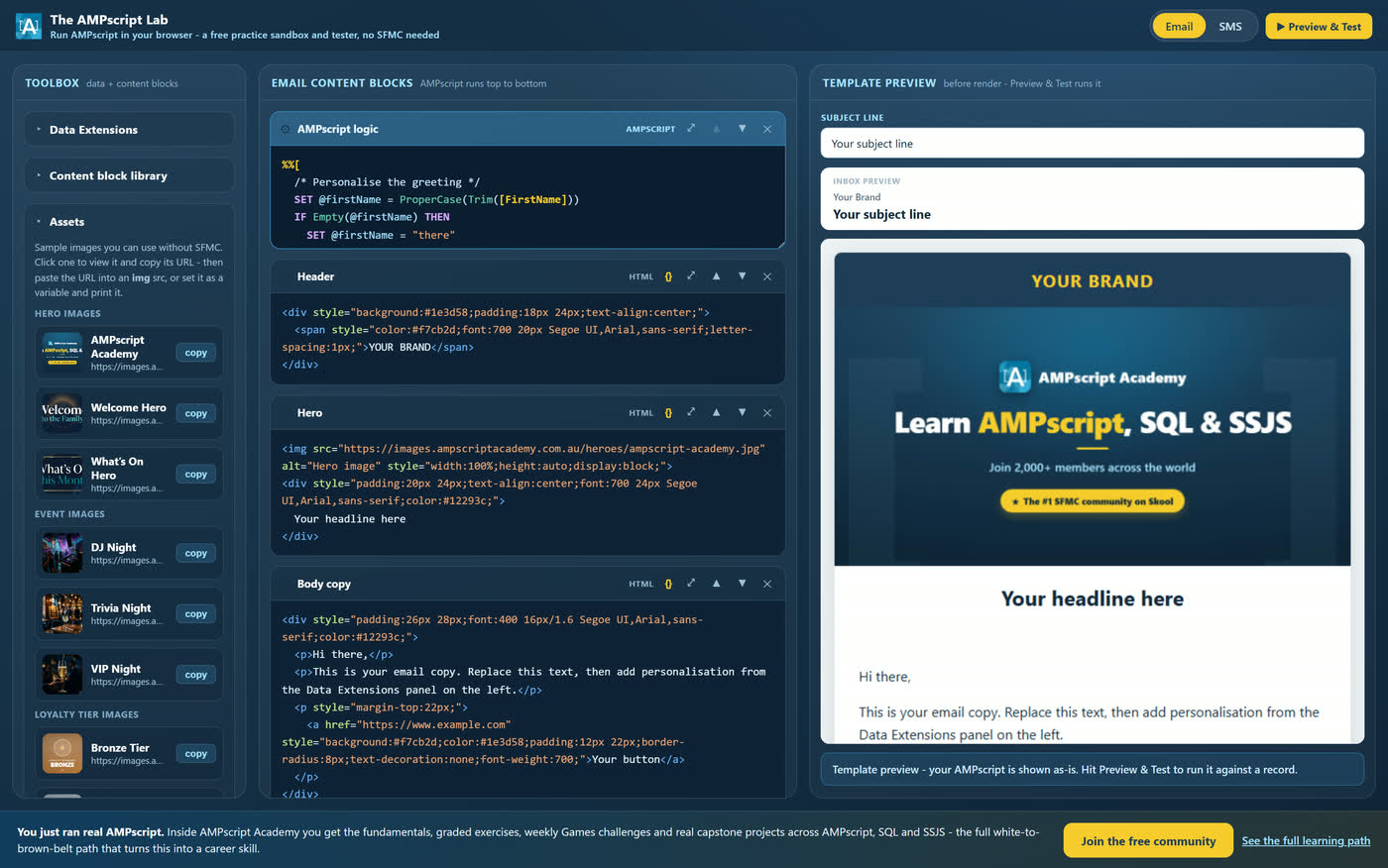 The assets library showing hero images, event images and loyalty tier banners with copyable URLs.