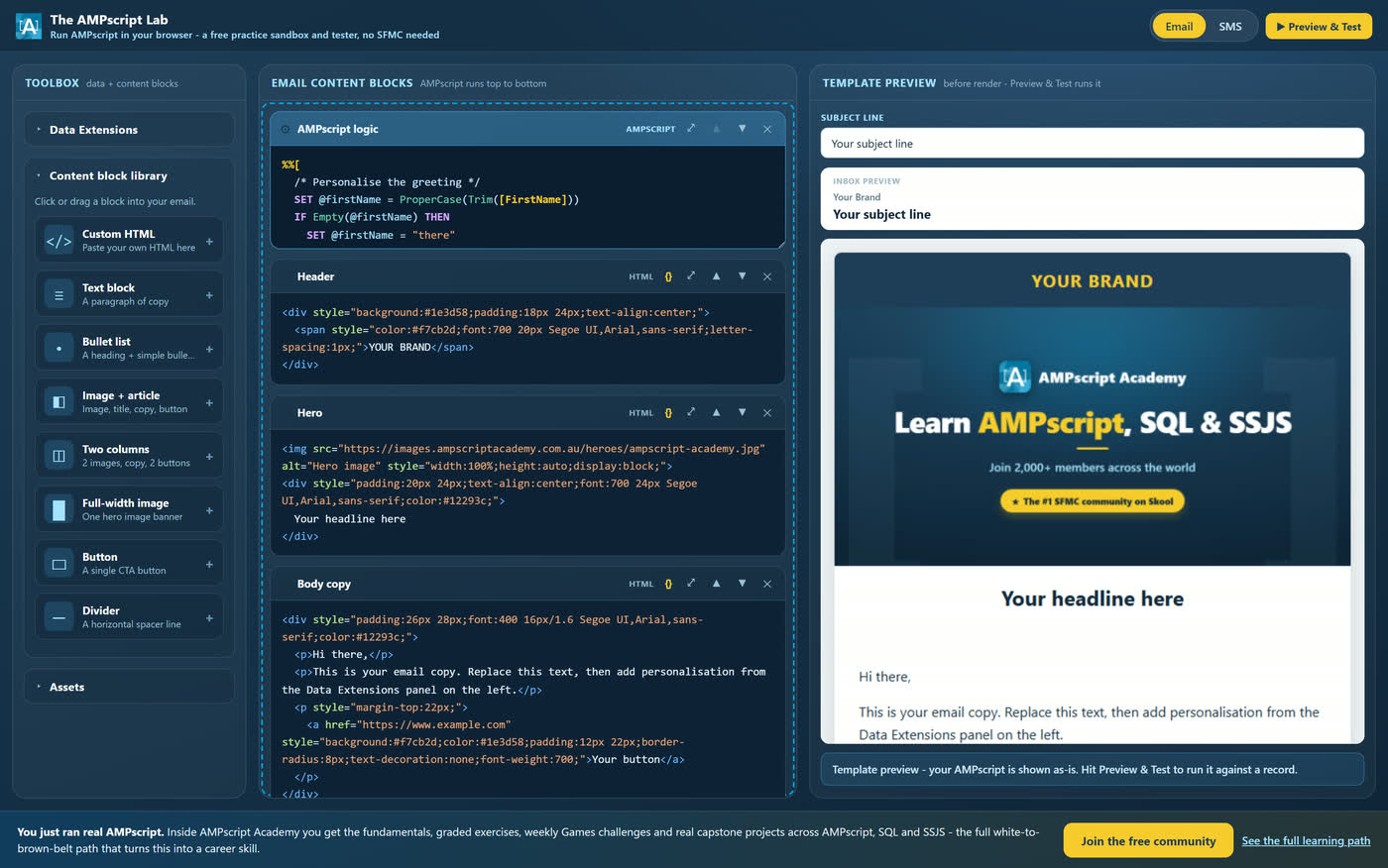The content block library open in the toolbox, showing available email blocks.