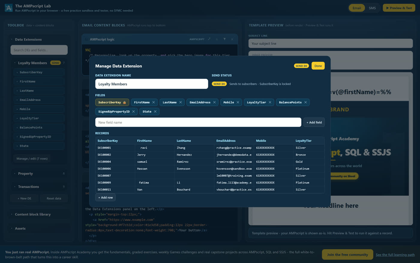 The Manage Data Extension screen showing editable fields and a records grid for the Loyalty Members data extension.