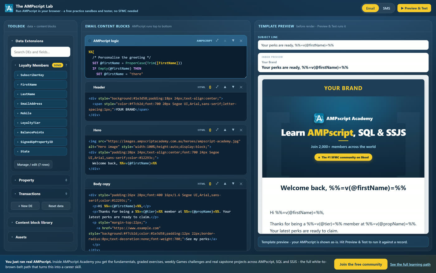 The AMPscript Lab interface showing the toolbox with data extensions, the email content blocks editor with AMPscript, and the live template preview.
