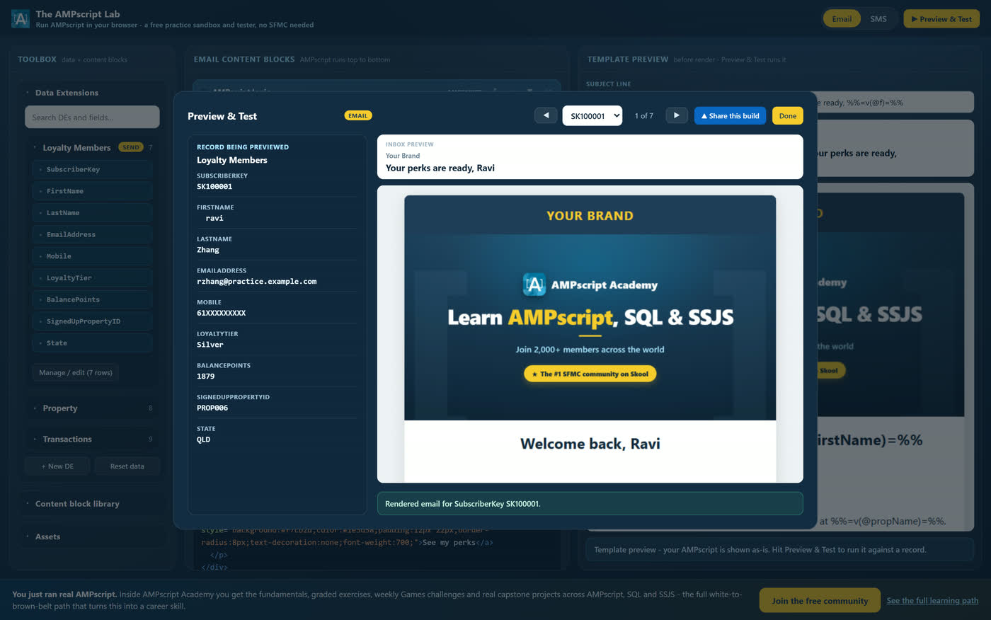 The Preview and Test modal showing the record inspector beside a rendered personalised email.