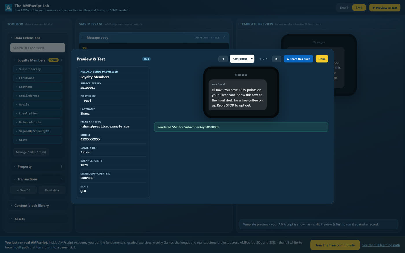 The Lab in SMS mode showing a personalised message rendered in a phone preview.